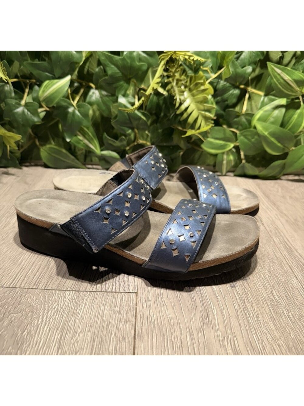 Naot Susan Sandals Blue  Leather Open Toe Bead Straps Slide Wedge EU39/US8-8.6